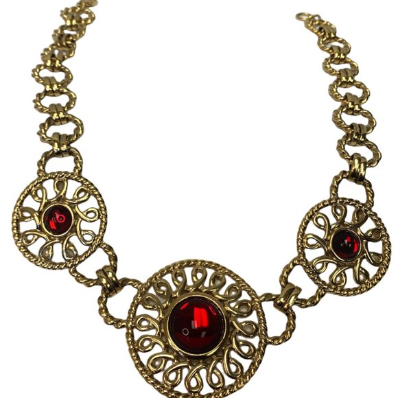 Guy Laroche Gold Red Cabochon 3 Ring Necklace - Picture 1 of 5